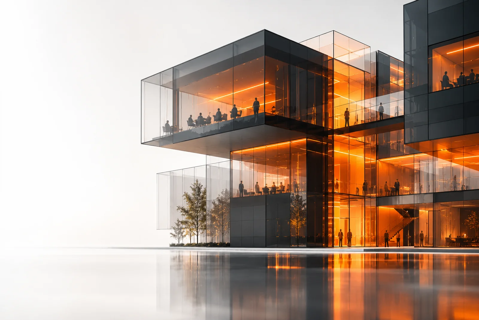 Conceptual glass architecture with orange-lit connected spaces