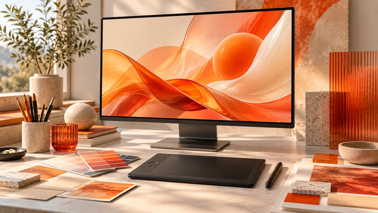 Creative workstation with a pen tablet and colour swatches.