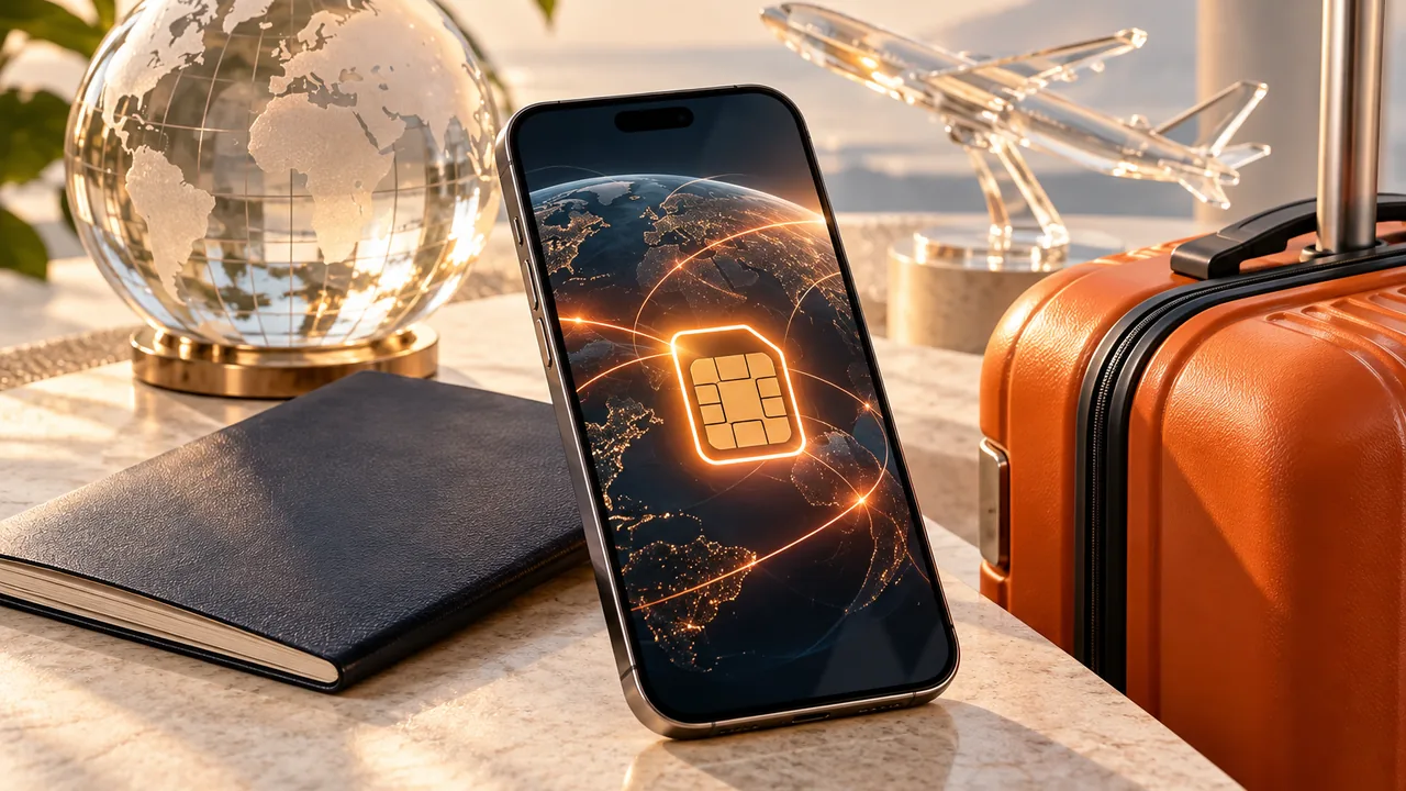 Phone with a digital SIM beside business travel essentials.