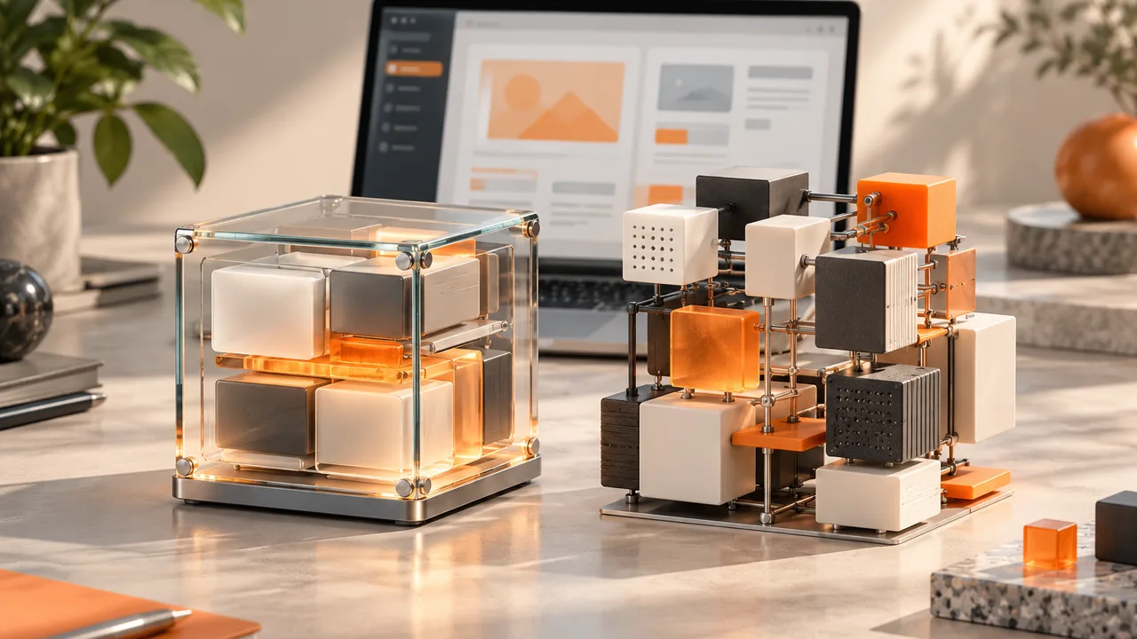 Ready-built and customisable software modules beside a laptop.