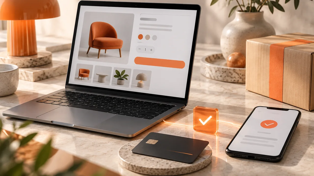 Online checkout on a laptop connected to a phone and payment card.