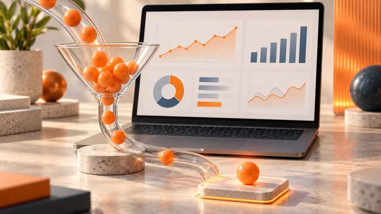 Analytics dashboard and a conceptual funnel showing completed outcomes.