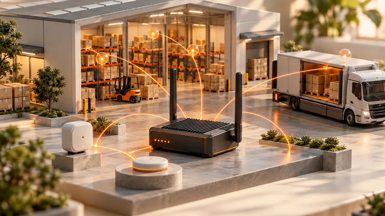 Router and sensors connecting a warehouse and delivery vehicle.