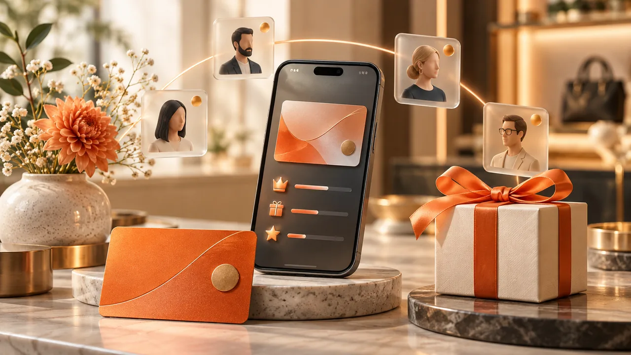 Mobile membership experience with rewards and customer profile cards.