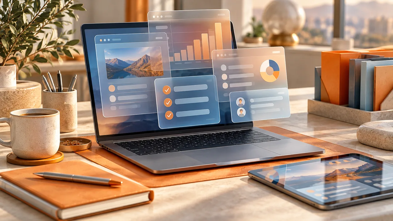 Productivity tools and shared work panels across a laptop and tablet.