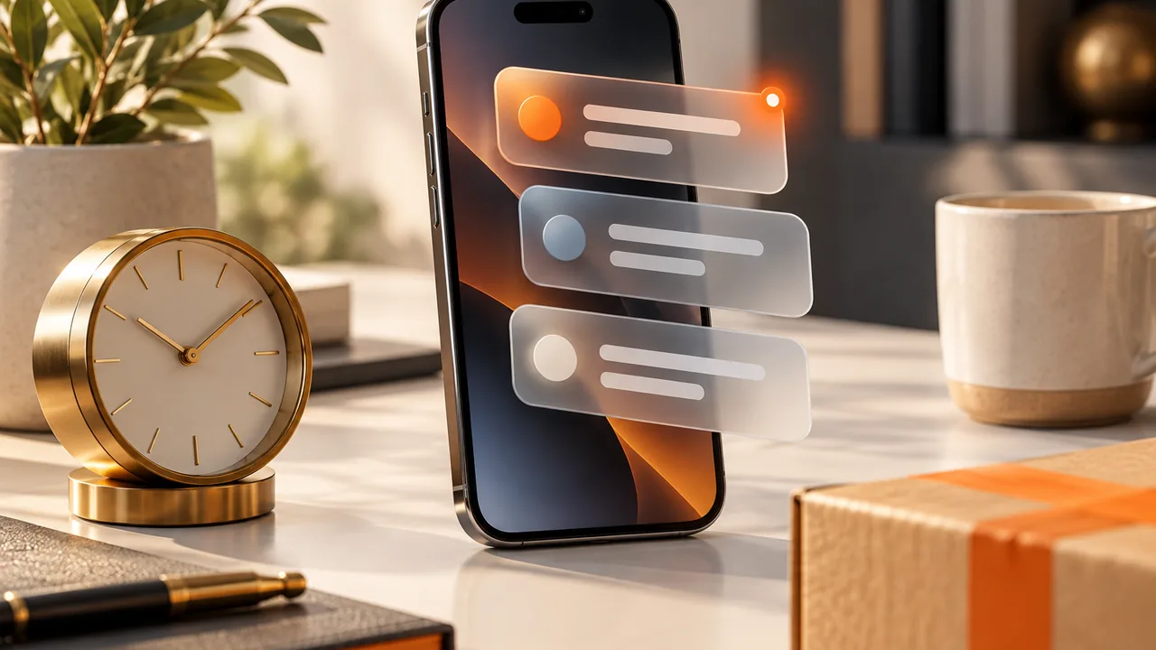 Phone displaying message notifications beside a clock and parcel.