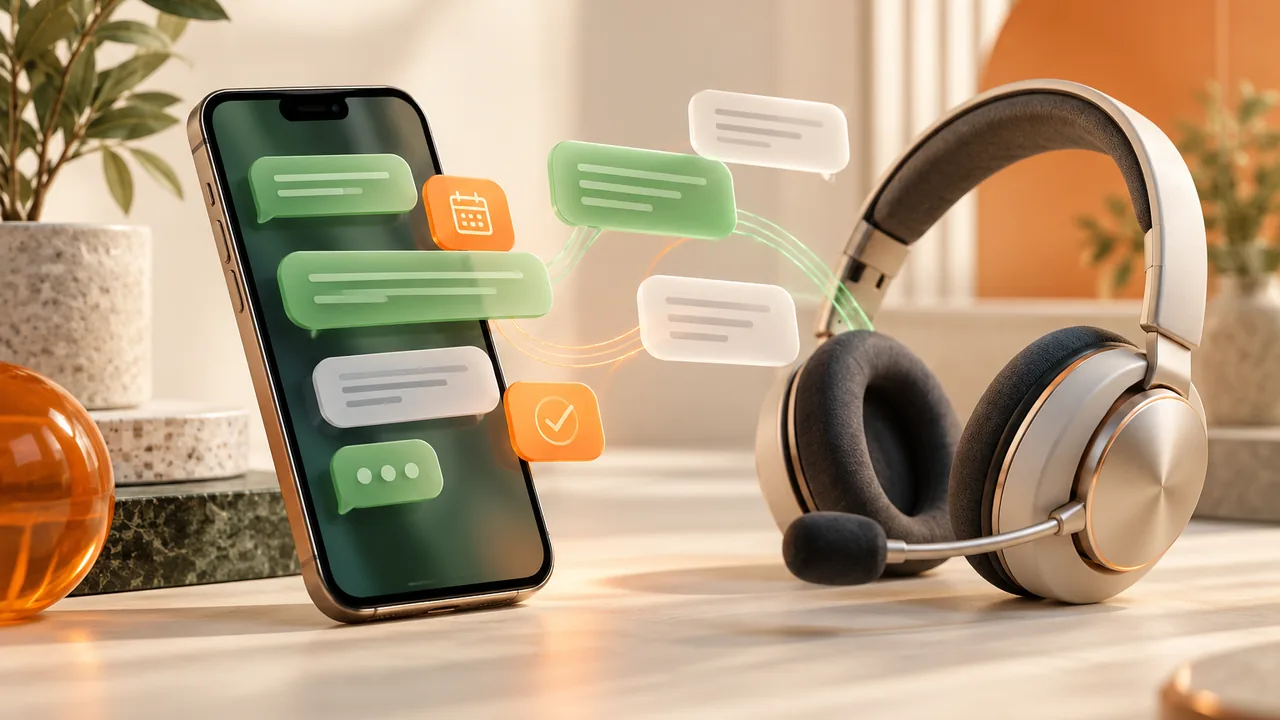 Phone with conversation panels beside a customer service headset.